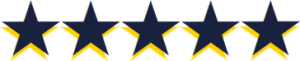 Five navy blue stars with yellow shadows, evenly spaced in a horizontal row and representing a five-star rating.