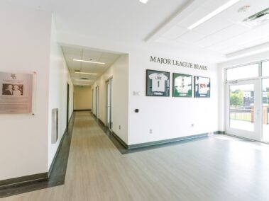 A bright hallway with a display reading MAJOR LEAGUE BEARS and three framed jerseys on the wall, next to large glass doors and windows letting in sunlight.
